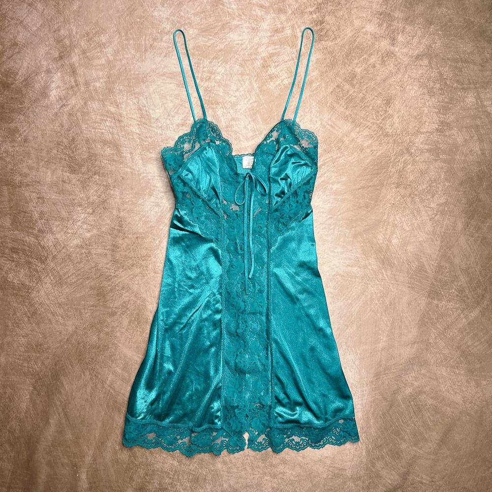 Vintage 70s Tres Chic Sheer Lace Mini Slip Dress Teal Sleeveless Lingerie Tie